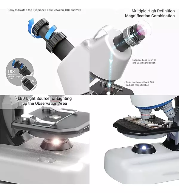 Salud y Equipamiento Médico - Microscopio Hyrenee Para Niños - Hasta 40-1200x Zoom, Kit St 4