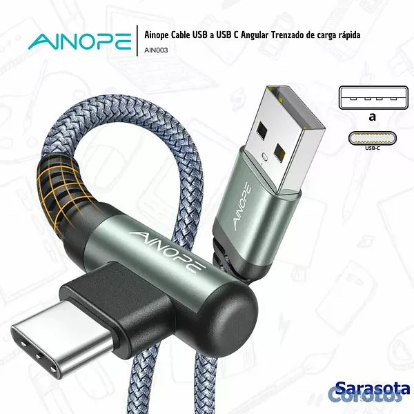 accesorios para electronica - Ainope Cable USB a USB C Trenzado Angular 2