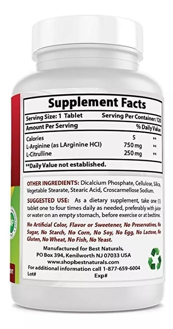 Salud y Equipamiento Médico - Best Naturals Complejo L Arginina L Citrulina 1000g 120 Tabs 2