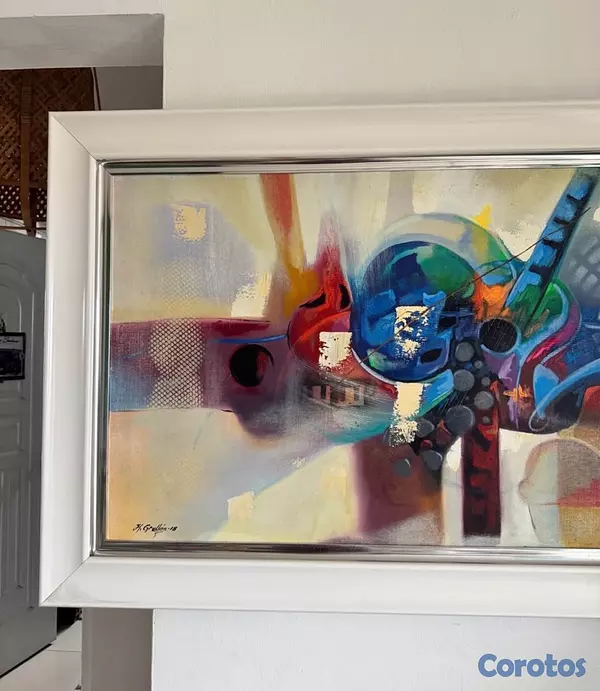 arte y antigüedades - Cuadro Abstracto Grande 50x30 con Marco Blanco y Plateado 2