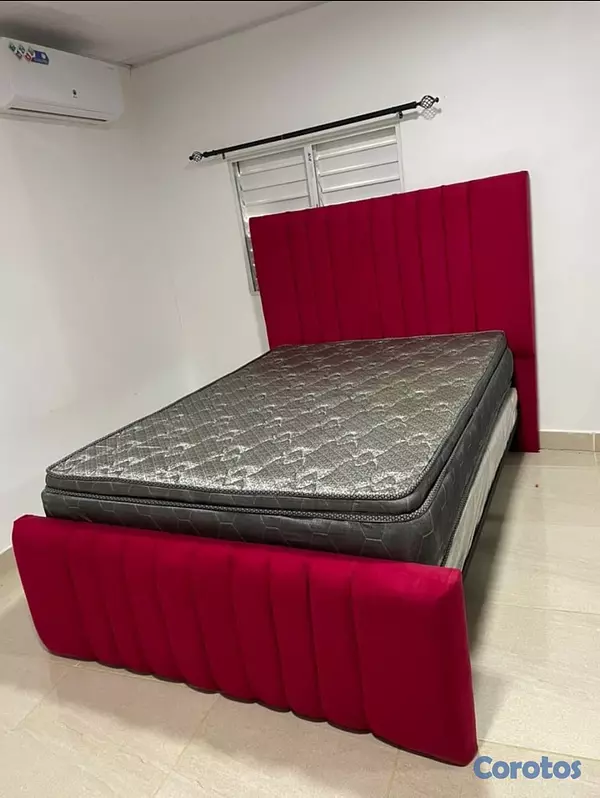 muebles y colchones - cama de 60 queen tapizada color rojo  2