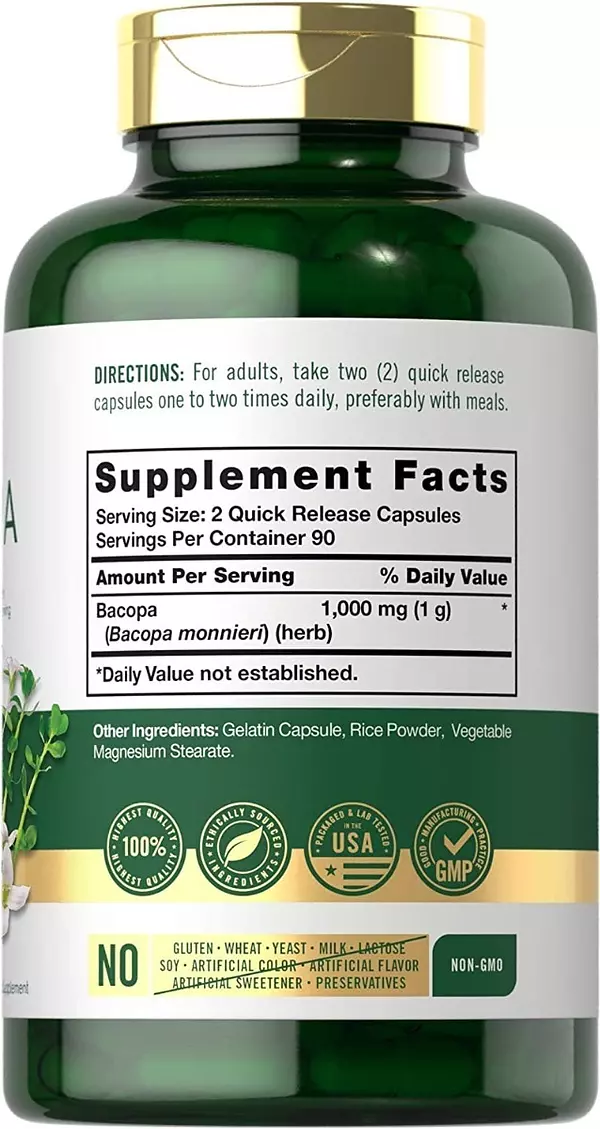 Salud y Equipamiento Médico - Bacopa Monnieri 1000 Mg 180 Cap Sin Ogm Y Sin Gluten 2