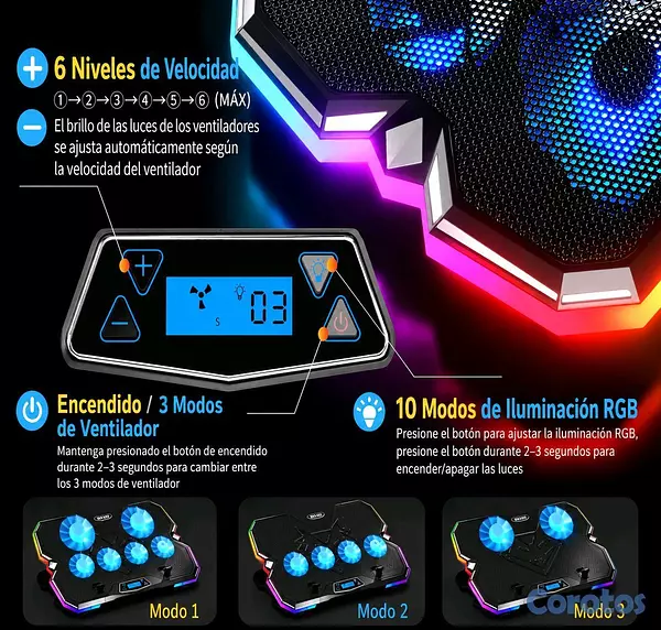 computadoras y laptops - Base Enfriadora RGB para Laptop con 6 Ventiladores + Soporte para Celular 7