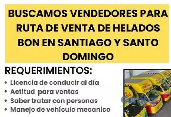 empleos disponibles - VENDEDOR DE RUTA DE HELADOS BON PARA SANTO DOMINGO 1