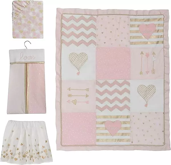 muebles - Juego de ropa de cama para cuna de 4 piezas Lambs & Ivy Baby Love Pink/Gold Hear 7