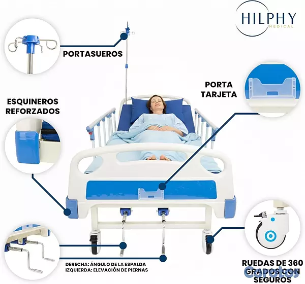 Salud y Equipamiento Médico - Cama ajustable manual con ruedas y barandas – Entr 2