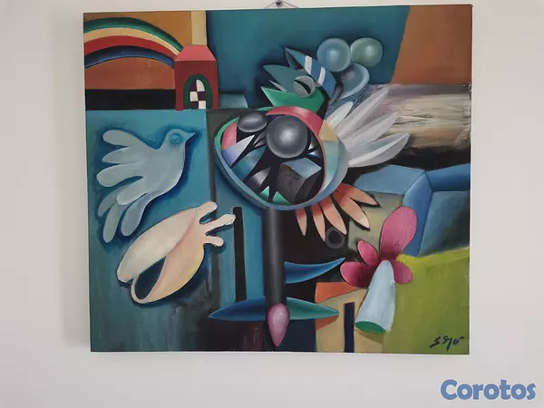 arte y antigüedades -  cuadro Gallo y arcoíris, José Sejo Aguasvivas 26x29 pulg Oleo sobre tela