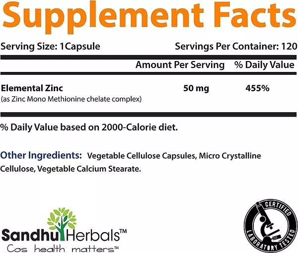 Salud y Equipamiento Médico - Zinc 120cap 50 Mg Sandhuherbals 2